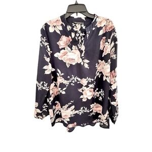 Veranee Womens Tunic Top‎ Navy Floral Roll Tab L/S Office Romantic Whimsygoth